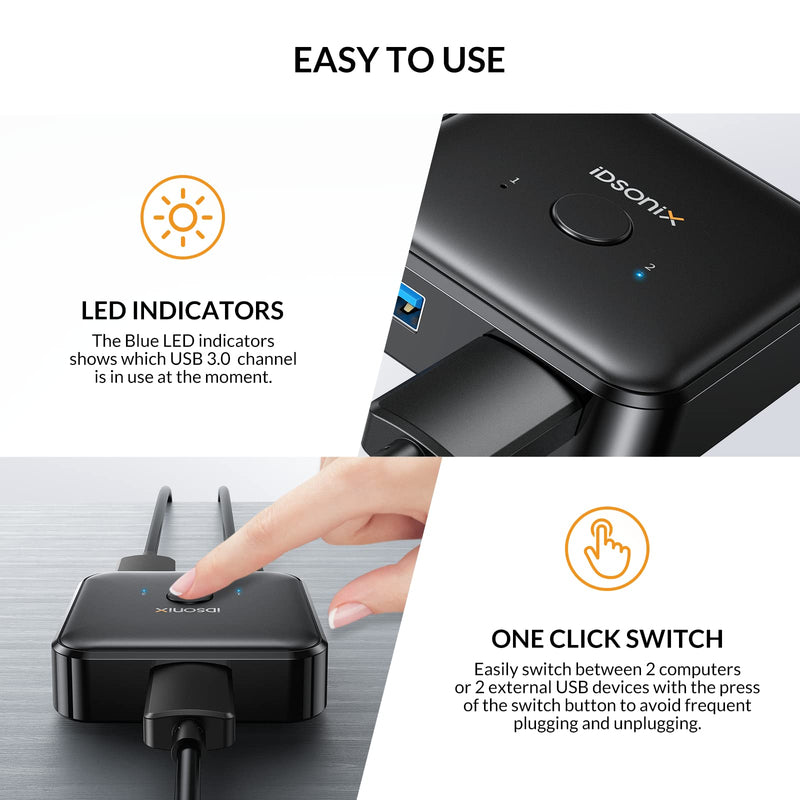 IDsonix USB 3.0 Switch 2 Computers Share 1 Device,1 in 2 Out Or 2 in 1 Out Bi-Directional for Printers/Keyboards/Mice, 5Gbps Plug and Play Switcher, 2pcs A to A 3.3ft Cables,Plastic,Black ABS