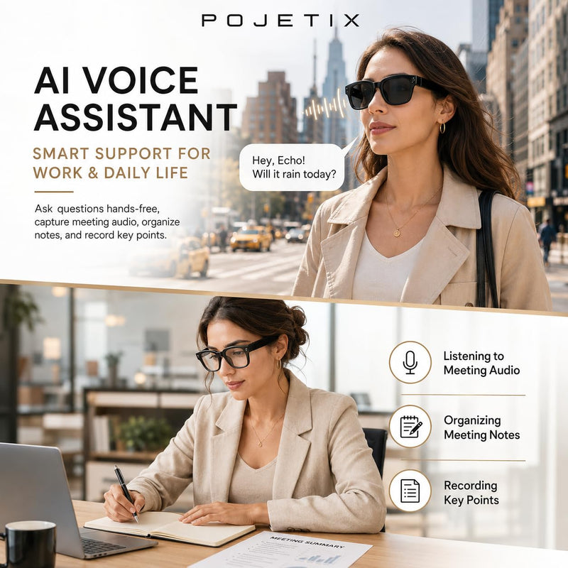 Smart Glasses with Camera for Travel, Recording, Translation, Music Player | 8MP camera, voice control, real-time translation, object recognition, photochromic lenses and open-ear audio