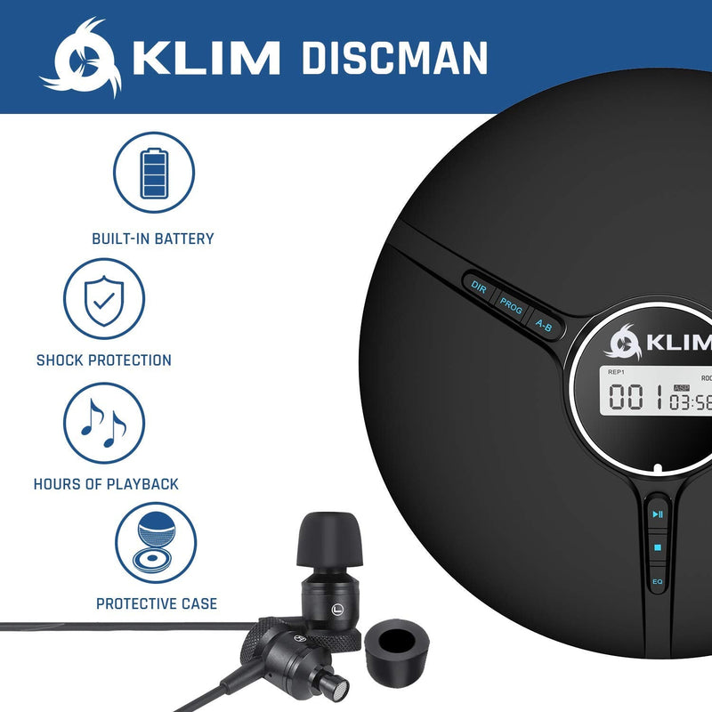 KLIM Discman Portable CD Player with Headphones, Built-in Battery - Version 2024 - CD Players for Home, Car - Compatible w/SD Card, CD, CD-R, CD-RW, MP3, WMA - 5 EQ Effects - Walkman CD Player - Black