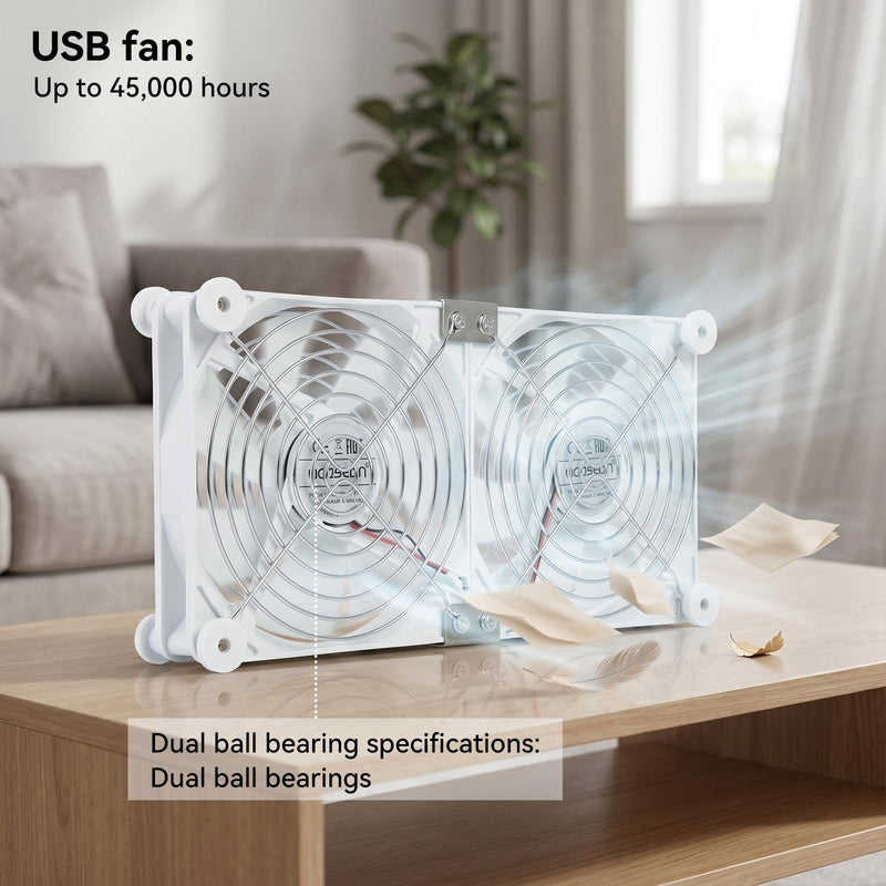 aceyoon 120mm Dual USB Computer Cooling Fan 3 Speed Adjustable 5V Receiver Cabinet Ventilator Max 1500RPM Painted Metal Mesh USB PC Heatsink Blower with 8 Silicone Pads for Laptop/Receiver/Xbox