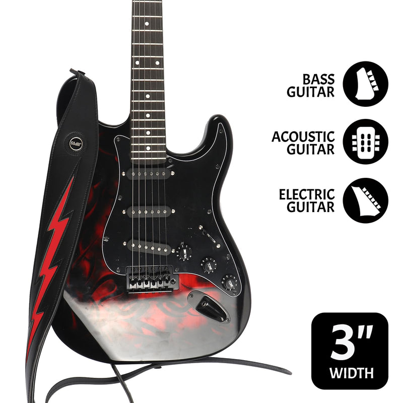 Handmade Retro Embossed Guitar Strap Super Soft Cowhide Leather Belt for Electric Acoustic Guitar Bass Guitarra Gig Jipis-black Red Lighting