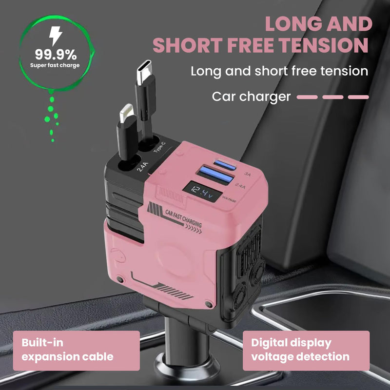 4-in-1 Retractable Car Charger, 120W Fast Charging, USB & Type-C Ports, Pink
