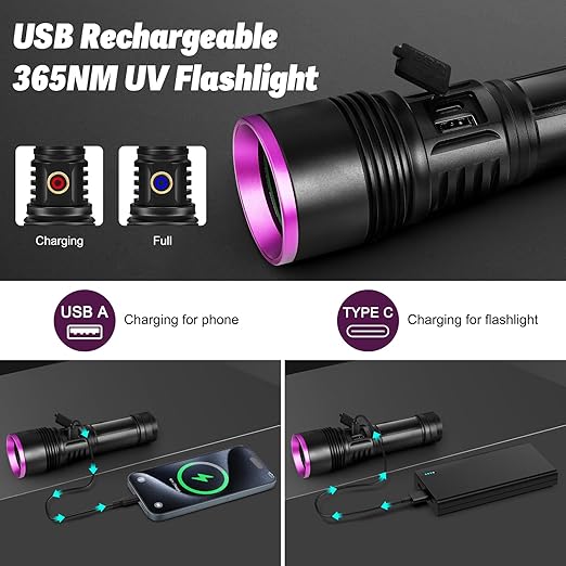 [AUSTRALIA] - 365nm UV Flashlight Rechargeable Black Light Powerful Ultraviolet LED for Curing UV Glue Detecting Minerals Diamond Scorpions and Leak Detector Style A 