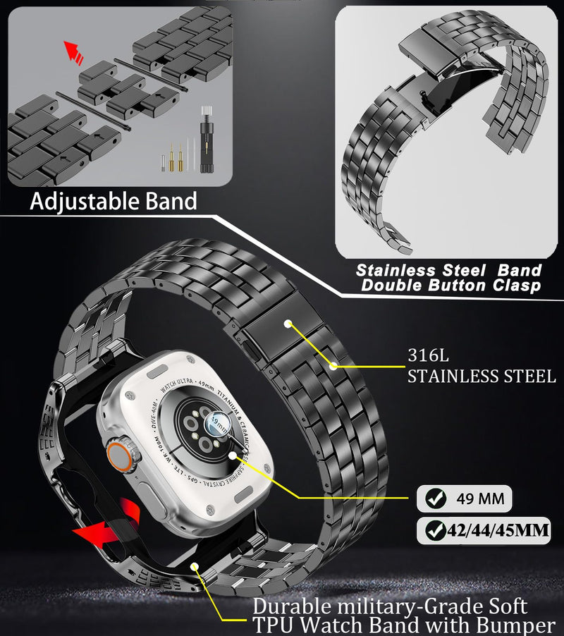 Stainless Steel Case and Band Compatible for Apple Watch Ultra 2 Band/Apple Watch Ultra Band 49mm 45mm 44mm 42mm,Rugged Metal iWatch Ultra/Ultra 2 Case with Strap for Men Black