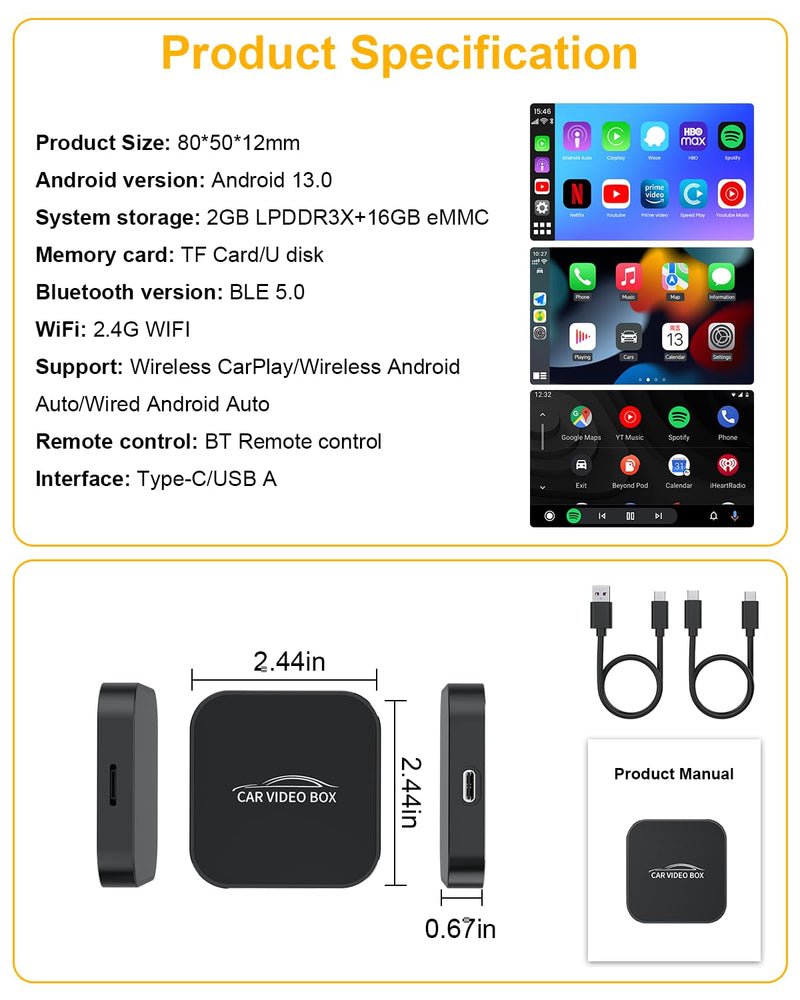 5-in-1 Android Auto Wireless Adapter and Apple CarPlay Adapter, Wireless Carplay Adapter with Netflix YouTube TF Card, Magic Ai Box for OEM Wired iPhone Car Play Cars, Plug & Play, Easy Setup Obsidian