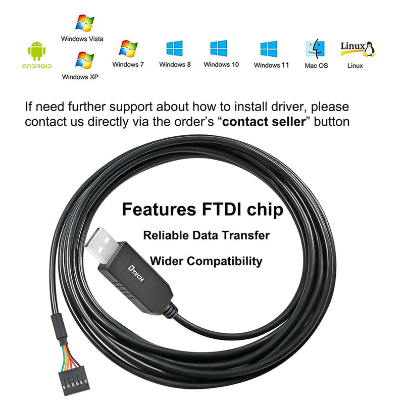 DTECH 3ft USB to TTL Serial Cable 3.3V 6 Pin UART Adapter Debug Cord Compatible with Windows 11 10 8 7 Linux MAC OS Genuine FT232RL Chip 6Pin 3v3 Level Signal 2.54mm Dupont Female Header