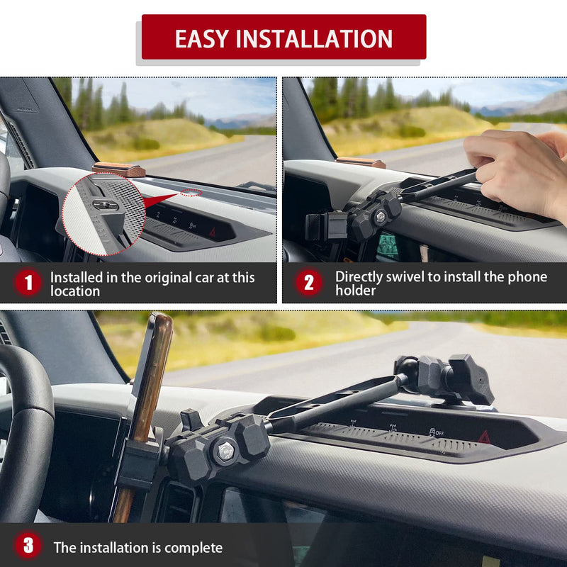 OMU Bronco Phone Mount Compatible with Ford Bronco 2021 2022 2023 2/4 Door,Dual Ball Socket All-Metal Cell Phone Holder,360°Adjustable Dash Mount for Ford Bronco Accessories Without GoPro MOUNT