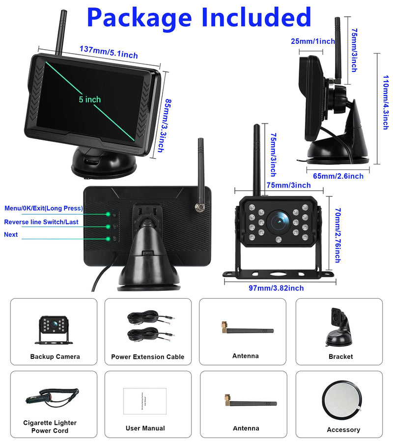 Wireless Reversing Camera System with 5 inch Split Screen, IP69K Waterproof Backup Camera with Night Vision, Support add 2nd Wireless Rear View Camera for Trailer, RV, Trucks, Farm Vehicle