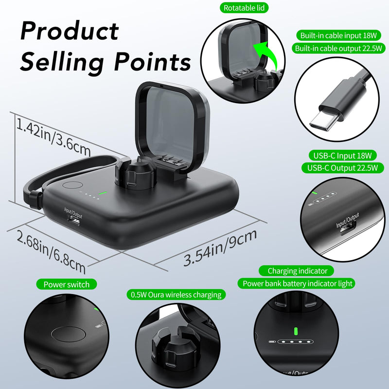 HUOTO Portable Charging Case for Oura Ring Gen 4, Smaller 5000mAh Fast Charging Power Bank with USB-C Cable,Travel Keychain Battery Pack for iPhone Air/17/16/15/ Galaxy Black