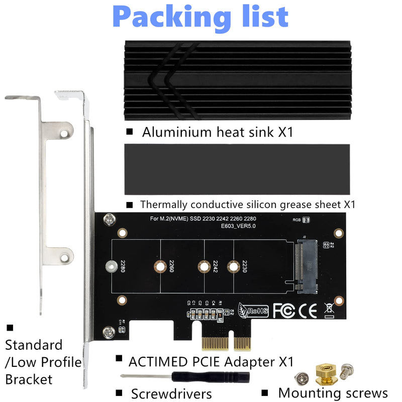 ACTIMED NVMe PCIe Adapter M.2 SSD to PCI-e / Powerful Heat Sink Dissipation / PCIE X1 Interface Compatible with PCI-e Slots X1, X4, X8, X16 / for M-Key M.2 SSD / 2230 2242 2260 2280 / Toolkit Included PCIE X1(X4X8X16)