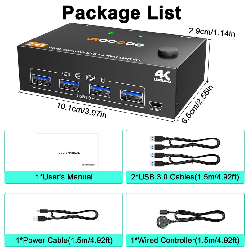 KVM Switch 2 Monitors 2 Computers 4K@60Hz,DP+HDMI USB3.0 Dual Monitor KVM Switches with 4 USB 3.0 Port,Wired Remote,USB3.0 Cables Included(4K60Hz 2 PC 2 Monitor KVM) Black 10 cm HDMI DP 2 in 2 Out