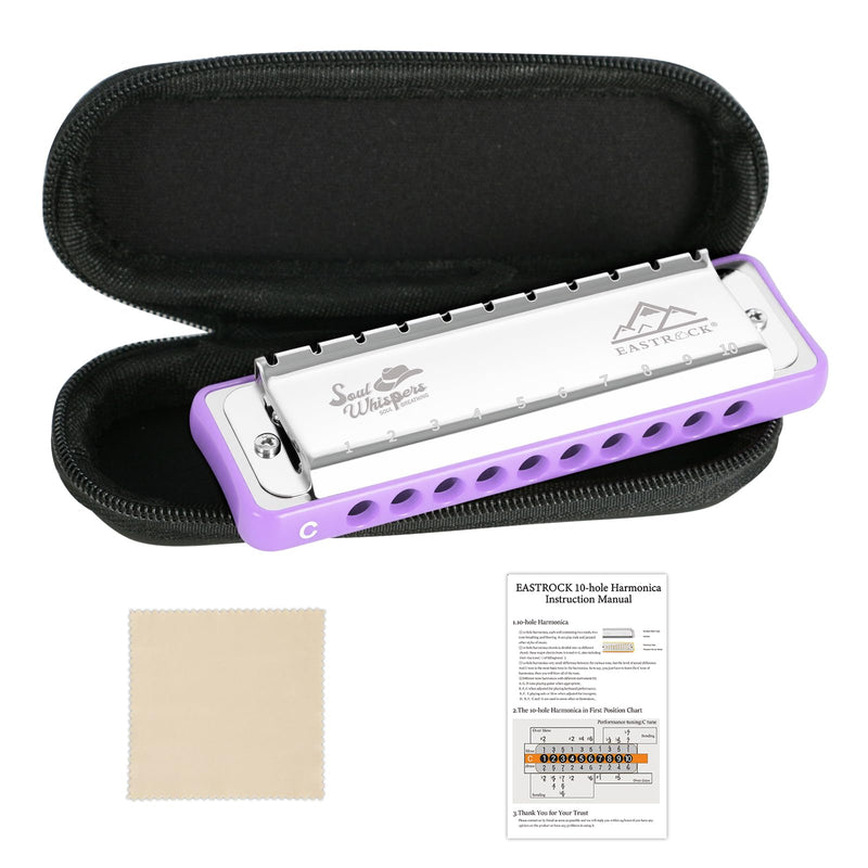 EASTROCK 10 Holes Blues Harmonica Key of C Mouth Organ with Case has Explosive Power For Adults Professionals Beginners CB05 Purple