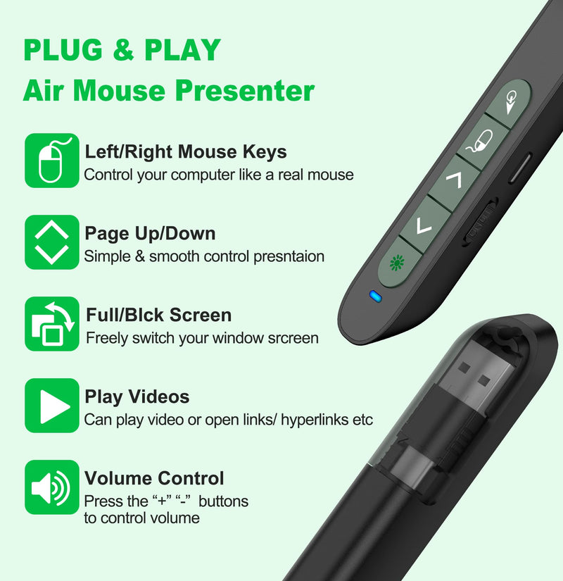 Green Light Wireless Presentation Clicker with Air Mouse, 2.4GHz Rechargeable USB-A/USB-C PowerPoint Clicker Slide Advancer, Presenter for PC, Mac, Computer Green L+Rechargeable+Mouse