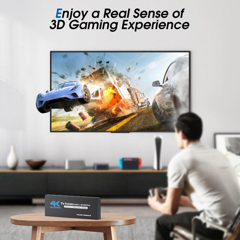 [AUSTRALIA] - HDMI Switch 7 in 1 Out, 4K60Hz HDMI Switcher with Remote, H-DMI Selector Box Support UltraHD Dolby HDR10 2.0 HDCP 2.2 3D, HD-MI Splitter Compatible with Xbox PS5/4/3 Blu-Ray Player Fire Stick Blue 