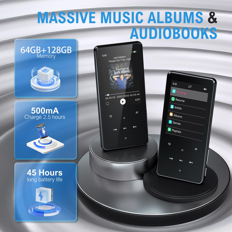 64GB MP3 Player with Bluetooth 5.3, Built-in White Noise Sounds, 2.4-inch Screen, Metal Body, Portable Music Player with Speaker, FM Radio, Voice Recorder, Shuffle, Support 128GB Micro SD Card Black