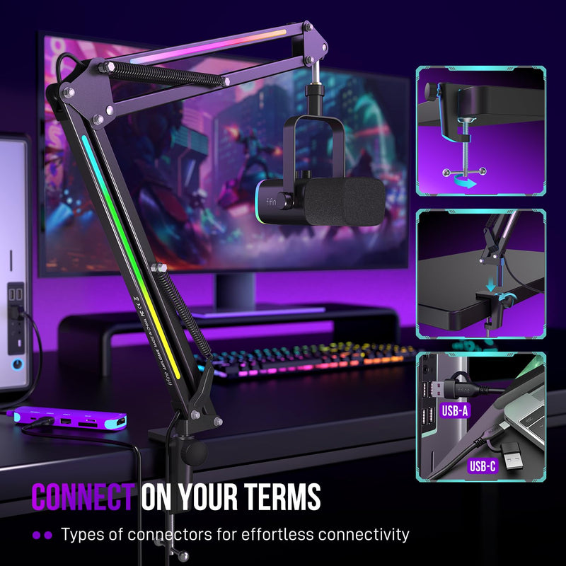 FIFINE Microphone Boom Arm, Metal Mic Arm Stand with RGB Control, 3/8” to 5/8” Screw Adapter, Desk Mount Clamp, Suspension Scissor Microphone Stand for Gaming Streaming-AmpliGame BM38 Black