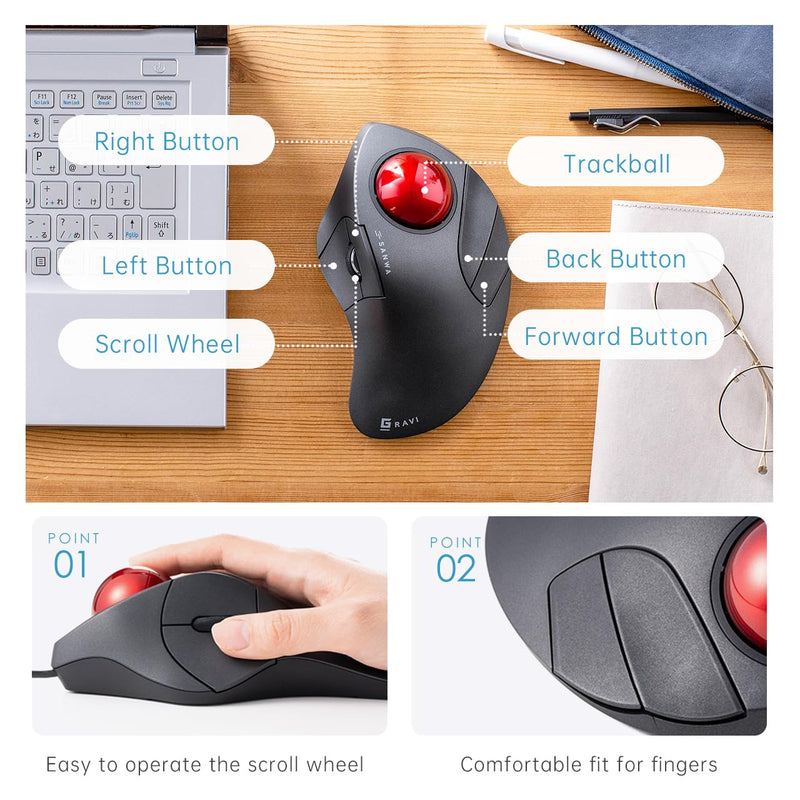 SANWA TB137 Index Finger Wired Trackball Mouse + Bluetooth Numeric Keypad, Programmable Silent Buttons Roller Ball, Portable Financial Accounting Numpad, Compatible with Mac, Windows, Laptop, Black