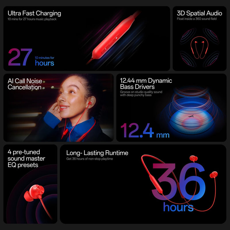OnePlus Bullets Wireless Z3 Bluetooth 5.0 in Ear Earphones, Spacial Audio – 12.4 mm Drivers, 36 Hrs Battery Life (Mambo Midnight) Mambo Midnight