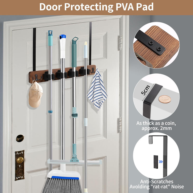 Cyiecw Broom Holder Wall or Broom Holder Over the Door, Drillable Tool Wall Mount, Wooden Stainless Steel Broom Mop Tool Garden Tool Holder, Door Organiser with 4 Holders and 2 Hooks, 1 Piece (Brown) Brown