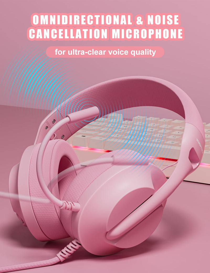 [AUSTRALIA] - WIRWTRU S30 Gaming Headset with Microphone,198g Lightweight Design, Wired Gaming Headphones for Xbox, Xbox Series X|S, PS5, PS4, Switch, PC, Noise Cancelling Mic, Soft Earmuffs (Pink) Pink 