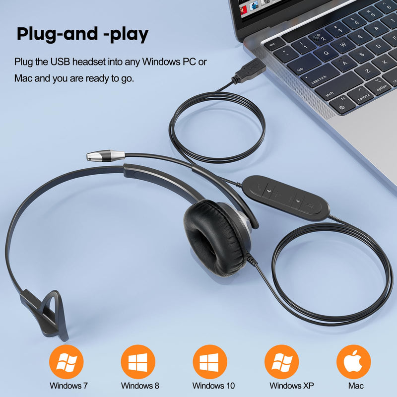 [AUSTRALIA] - MKJ USB Headset with Microphone for PC, Computer Headset with Noise Cancelling Mic for Call Center and Office, Wired Headphones for Laptop UC Platforms Business Ms Teams Zoom Webex Facetime 