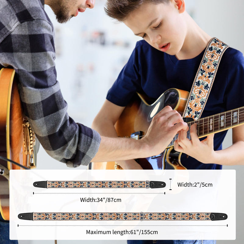 LEKATO Guitar Strap for Electric Bass Acoustic Guitar, Floral Jacquard Embroidery 2? Wide Guitar Straps Bass Strap Padded Guitar Straps with Picks & Blocks (Golden Flower White)