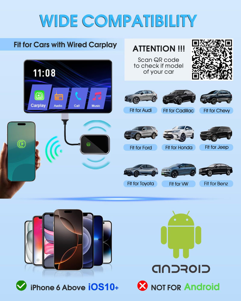 Wireless CarPlay Adapter - Fast & Stable Connection for Carplay Wireless Adapter Convert Factory Wired to Wireless CarPlay Dongle Plug & Play Car Play Fit for iPhone iOS 10+ (Grey) Grey