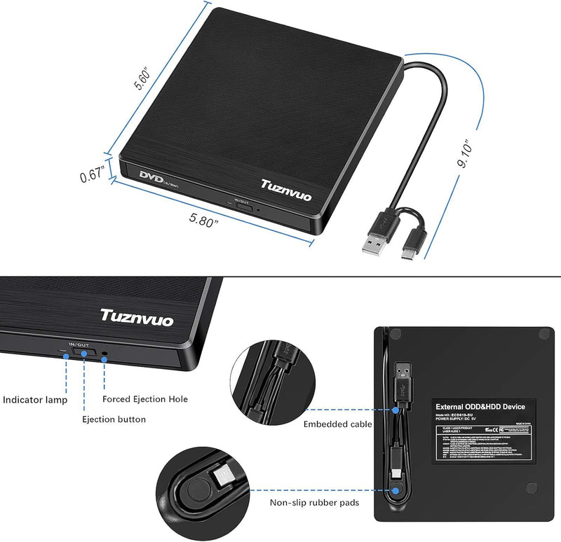 External CD/DVD Drive for Laptop, USB 3.0 & USB C CD Burner/Reader, Plug & Play Compatible with Windows 11/10/Mac OS/Linux, DVD Player for Laptop, PC MacBook Black-2