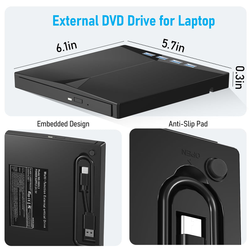 Yaeonku 7 in 1 CD DVD External Drive for Laptop, High Speed USB CD Drive | External CD/DVD Drive for Laptop Slim & Lightweight for on-the-go Use，CD Reader with 4 USB Ports and TF/SD Card Slots