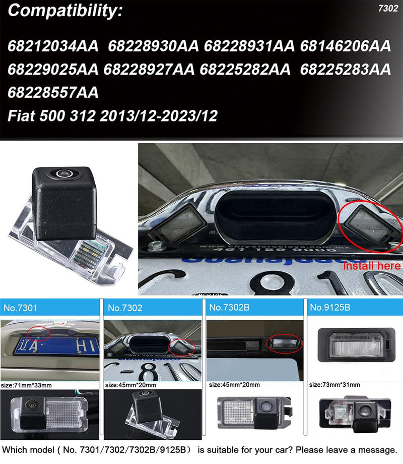 Vehicle License Plate Backup Camera,Night Vision Car Rear View Reverse Camera Replacement for Fiat 500 312 2013/12-2023/12 OEM :68225283AA 68228557AA(No.7302) No.7302 Camera