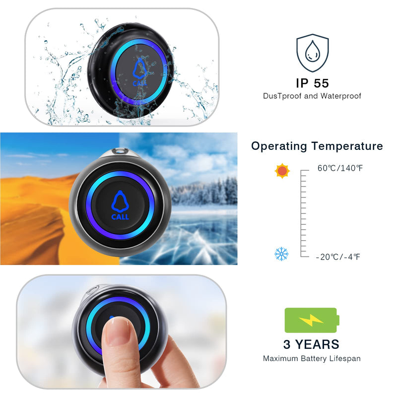 [AUSTRALIA] - Caregiver Pager, Wireless Call Button for Seniors/Elderly at Home, 3 SOS Buttons + 3 Receivers Medical Life Alert System, Emergency Panic Call Bell, Nurse Calling & Patient Assistance Alarm 3 Receivers + 3 Call Buttons Black 