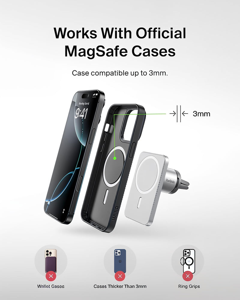 Belkin MagSafe Car Vent Mount Pro, Magnetic Phone Holder for iPhone 16/15/14/13/12, Secure Grip, Portrait & Landscape View, Cable Management, Air Vent Clip, Magsafe Compatible, Silver, Includes Cloth