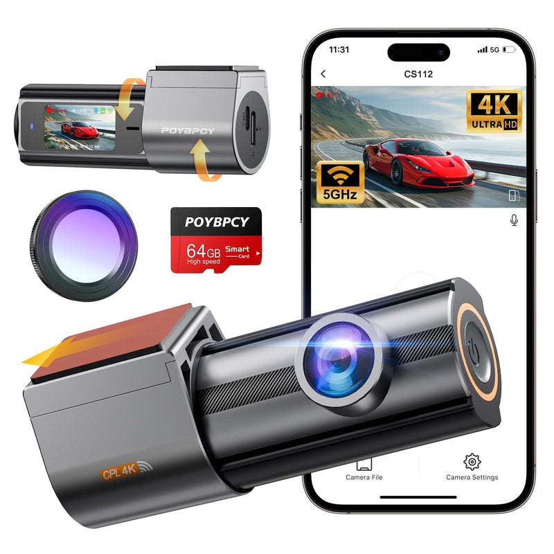 [AUSTRALIA] - Dash Cam Front 4K, Built-in 5GHz WiFi with CPL, Car Camera Dashcam with UHD 2160P, 64GB Card, 24H Parking Monitor, Super Night Vision, WDR, G-Sensor, App Control, 170° Wide Angle, Support 256GB Max 4K Front with CPL 