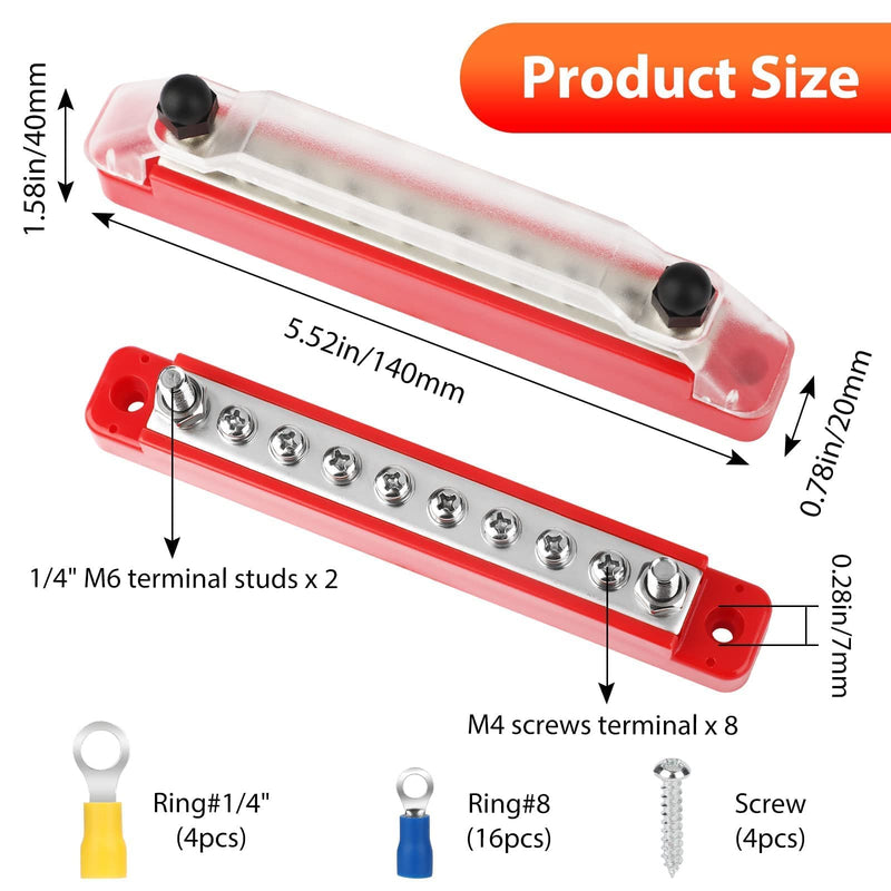 12V Bus Bar, Red Black Battery Power Distribution Block, Terminal Block M6 Terminal Studs M4 Terminal Screws, Busbar with Ring Terminals Cover, for Automotive Car Boat Marine RV Truck, Max 48V 150A