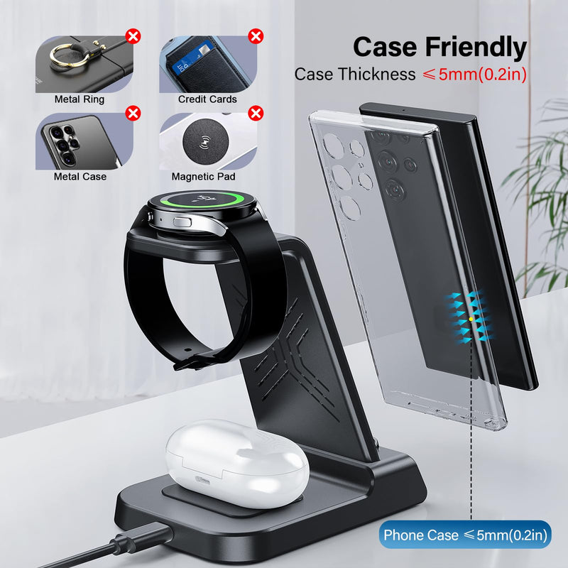 Wireless Charger for Samsung, 3 in 1 Wireless Charging Station for Samsung Galaxy S24 Ultra/S23 Ultra/S22/S21/Note 20/Z Flip 5/Fold 5, Charger for Samsung Galaxy Watch 6/5/4, Galaxy Buds 2/Pro/+ Black