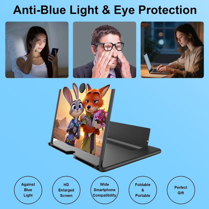 Screen Magnifier for Phone, 12inch HD Mobile Phone Magnifier Screen Enlarger for Movies Videos Games, Clear, Lightweight Foldable Mobile Holder Compatible with All Smartphones (Black) Black 12 Inch