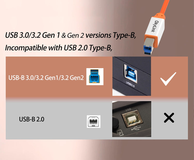 OkyLink Active USB 3.2 Gen 2 A to B Printer MIDI Cable 10Gbps, 25ft | 8m with Amplifier Chip & Aux Power, Repeater, Orange, for Office Printer, KVM, MIDI & Long-Range Data Transfer USB3.2(10Gbps) 25ft (8m)