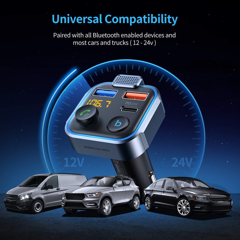 UNBREAKcable Bluetooth 5.3 FM Transmitter for Car, [PD 20W + QC 3.0] [Stronger Microphone & HiFi Bass Sound] Cigarette Lighter Radio Music Adapter Charger, Supports Hands-Free Siri Google Assistant Blue