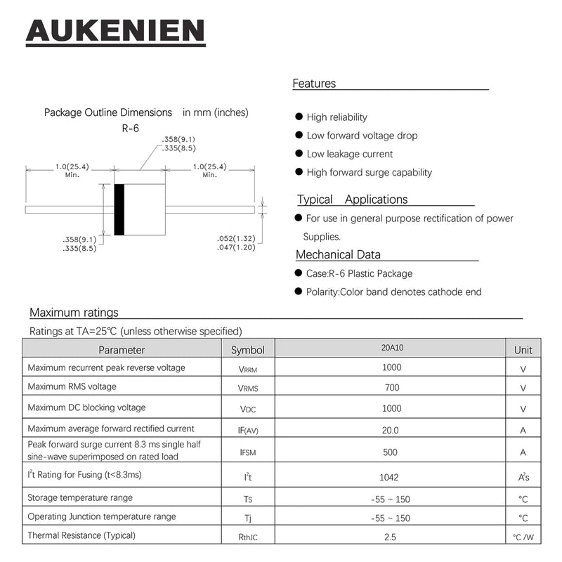 AUKENIEN 20 pieces 20A10 rectifier diode 20 A 1000 V R-6 axial rectifier diodes 20 amps 1000 volts electronic silicone diodes