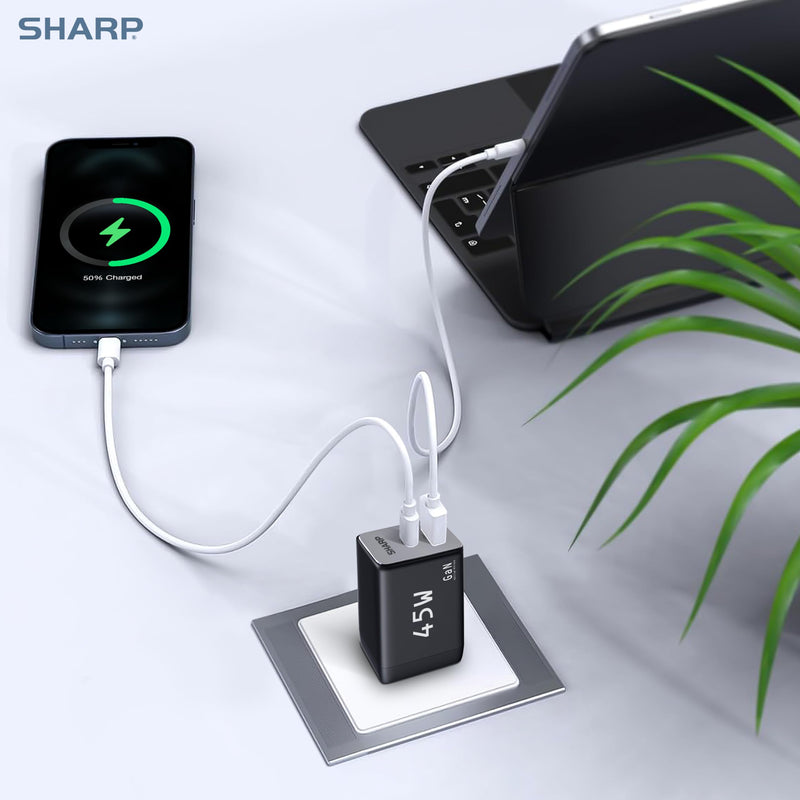 Sharp USB C Charger, 45W, 2 Port (USB A+C) Compact Foldable GaN Fast Charge for iPhone 15/15 Plus/15 Pro/15 Pro Max/14, Galaxy, Pixel 4/3, iPad/iPad Mini - Black