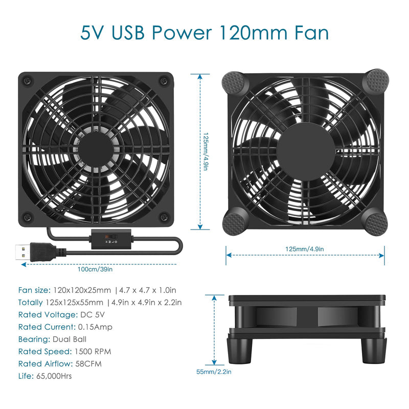 Qirssyn 120mm 5V USB Fan with Multi Speed Controller for Router Modem Receiver DVR Xbox TV Box T-Mobile Home Internet Gateway SSD Cooling 1225USB-A1