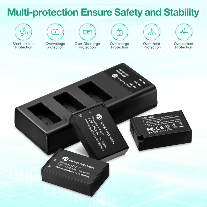 [AUSTRALIA] - FirstPower LP-E17 Battery 3-Pack and Triple Slot Charger for Canon EOS R50 R100 R10 R8 RP, Powershot V1, Rebel T8i T7i T6i T6s, SL2 SL3, EOS M3 M5 M6, M6 Mark II, 77D 200D 750D 760D 800D 8000D Camera 
