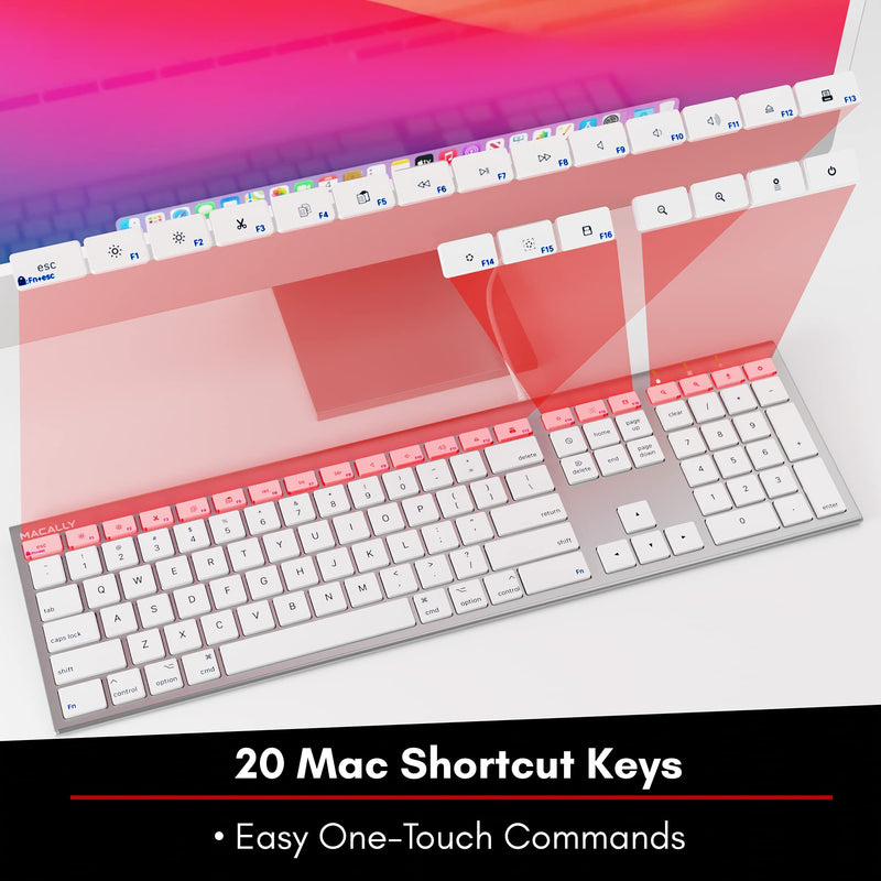 Macally Ultra Slim USB Wired Computer Keyboard - Works as Windows or Mac Wired Keyboard - Full Size Keyboard with 20 Apple Shortcut Keys - Mac Keyboard with Number Pad - Silver Aluminum Finish