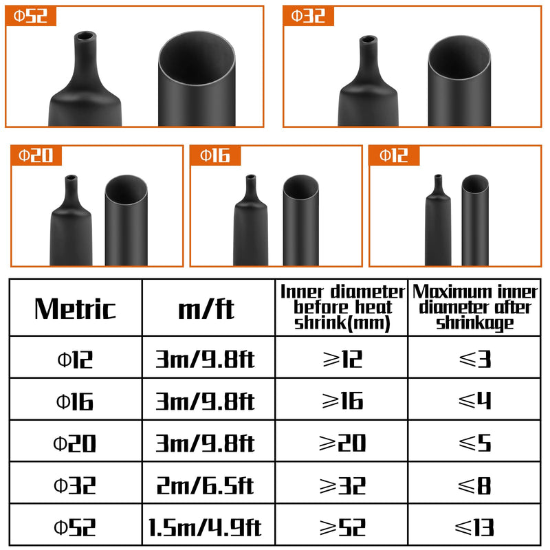 Mbsomnus Heat Shrink Tube 4:1 Waterproof Black with Adhesive - Heat Shrink Tube for Cable Insulation, Repairs, Cable Bundling (12 mm x 3 m) Ø12mmx3m