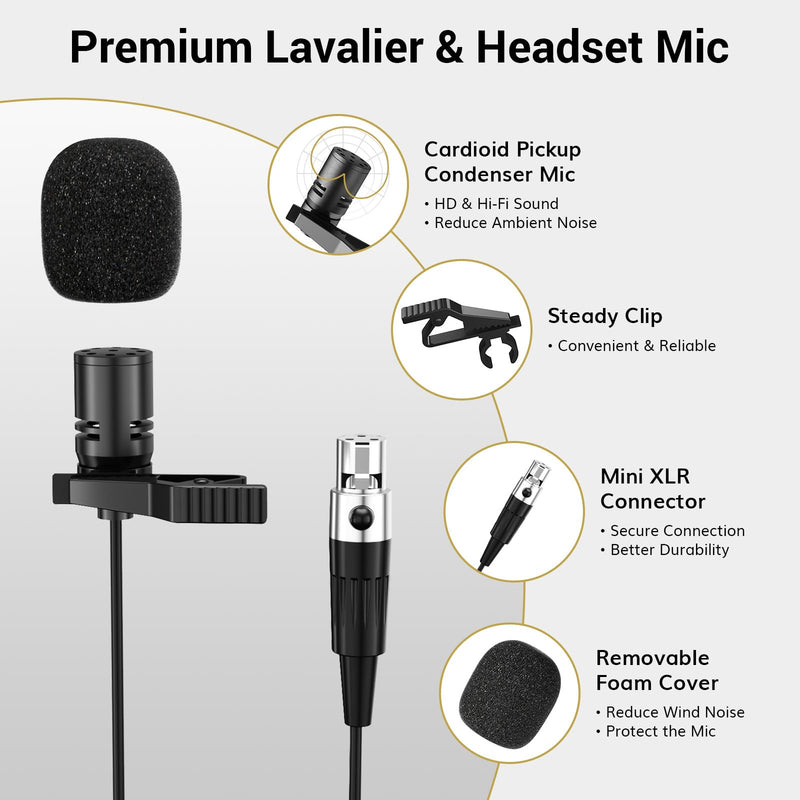 TONOR UHF Wireless Microphone System with Headset Mic/Lavalier Lapel Mic, Bodypack Transmitter, Rechargeable Receiver, 15 Channels 200ft Range 1/4" Output for Recording Live Performance PA Speaker 1 Pack