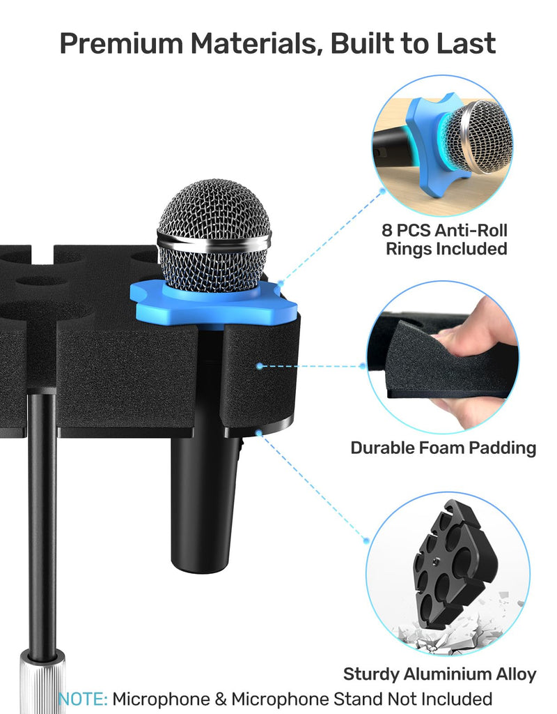 8-Slot Multi Microphone Holder, Alloy Base & Foam Padding & Anti-Roll Ring, Compatible with 5/8", 3/8" and 1/4" Threaded Stand, Wired & Wireles Mics Organizer and Display for Studio and Stage Mic UP to 8 (Foam)