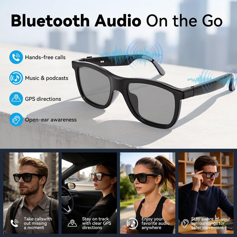 Smart Glasses with Bluetooth Speakers and Manual Tint Control, Adjustable Color Changing Sunglasses for Driving Fishing Hiking Outdoor, Hands-Free Calls and Music, Audio Glasses Men Women