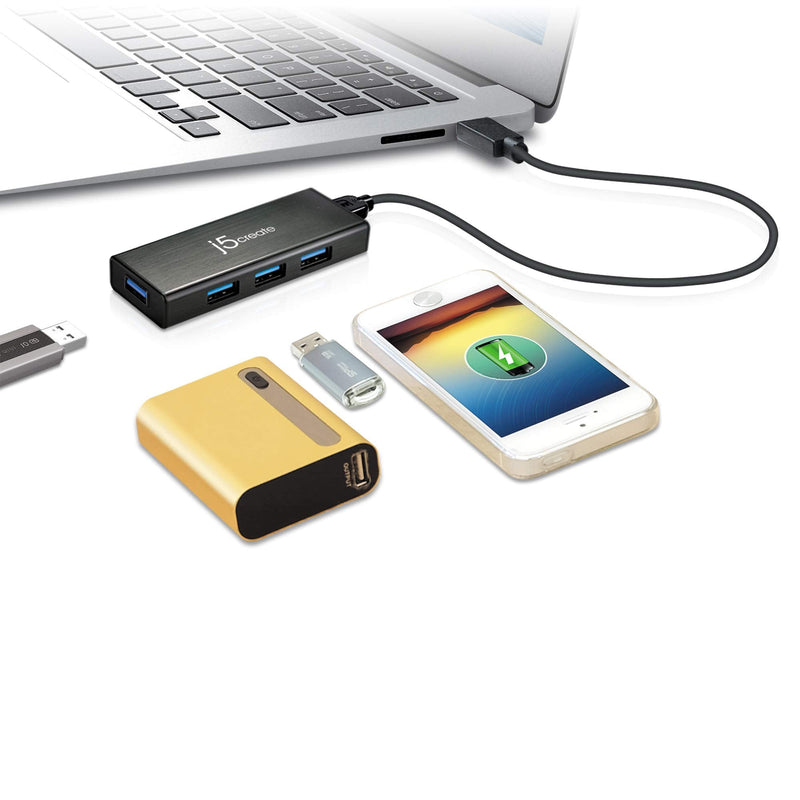 j5create 4-Port Powered USB 3.0 Data Hub with 2 ft Extended Cale [15W Power Adapter Included] for Mac, MacBook, Windows, Laptop, Surface, XPS, PC (JUH340)