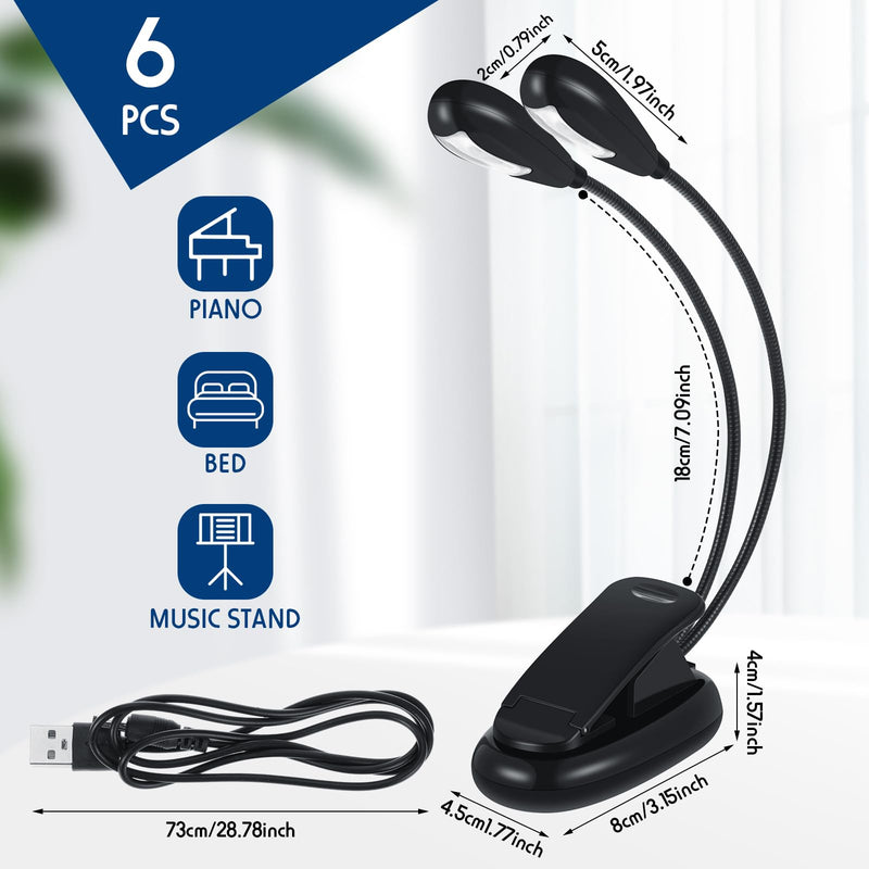 6 Pcs Music Stand Clip on Reading Light USB and AAA Battery Operated LED Book Lights in Bed 3 Brightness Levels Ideal for Musician, Piano Player, Kids, AAA Battery Not Included (Dual Arms) Dual Arms