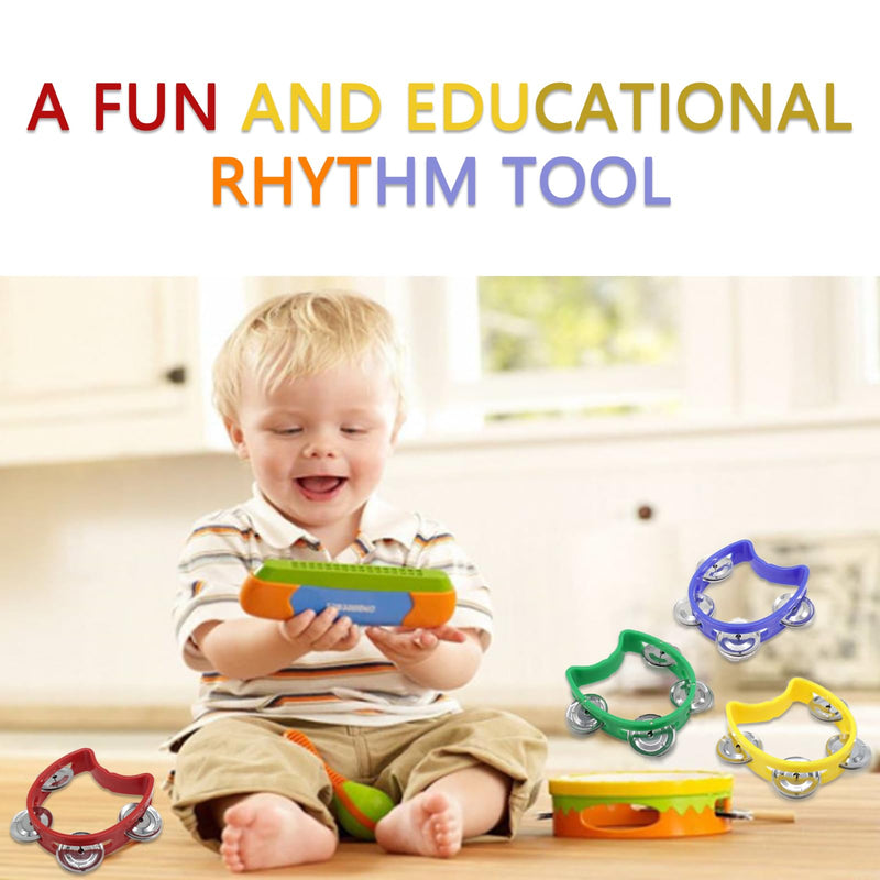 [AUSTRALIA] - 4-Pack Plastic Percussion Handheld Tambourines with 4 Jingle Bells, Mini Hand Bell Percussion, Musical Rhythm Instruments in 4 Colors for Kids, Adults, School and Party 4 Color 